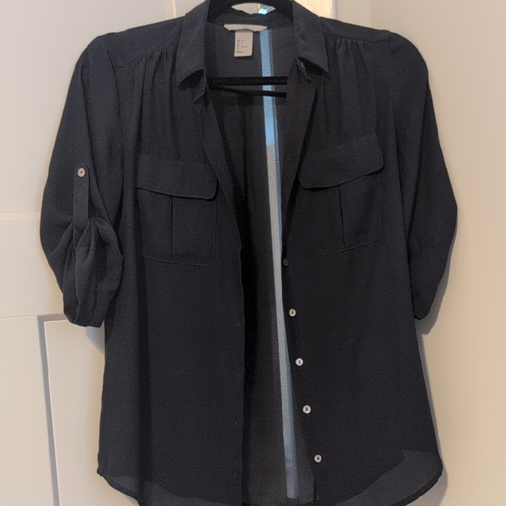 H&M Dark Navy Button Up Blouse, Size 4